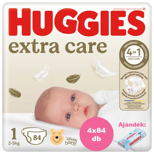 Huggies Extra Care 1-es pelenka 2-5 kg, 336 (4x84) db - 2 HAVI pelenkacsomag + AJÁNDÉK Pure törlőkendő