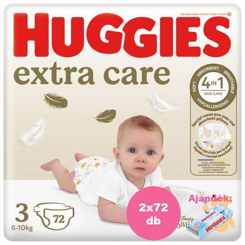 Huggies Extra Care 3-as pelenka 6-10 kg, 144 (2x72) db - HAVI pelenkacsomag + AJÁNDÉK Pure törlőkendő