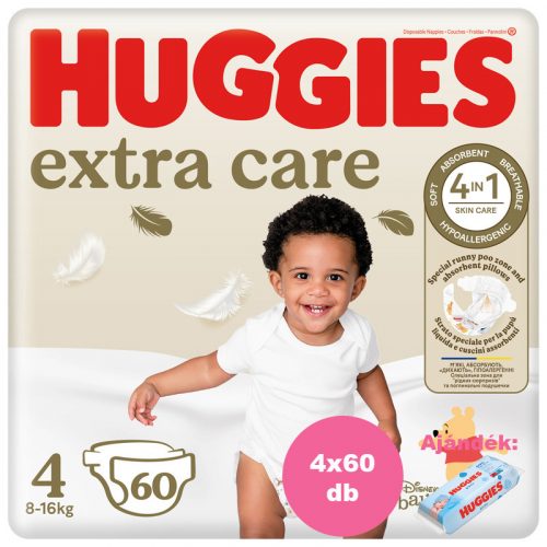 Huggies Extra Care 4-es pelenka 8-16 kg, 240 (4x60) db - 2 HAVI pelenkacsomag + AJÁNDÉK Pure törlőkendő